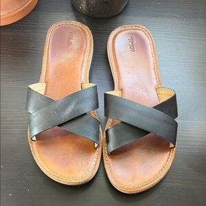 OluKai Black and Tan Cross Strap Sandals
